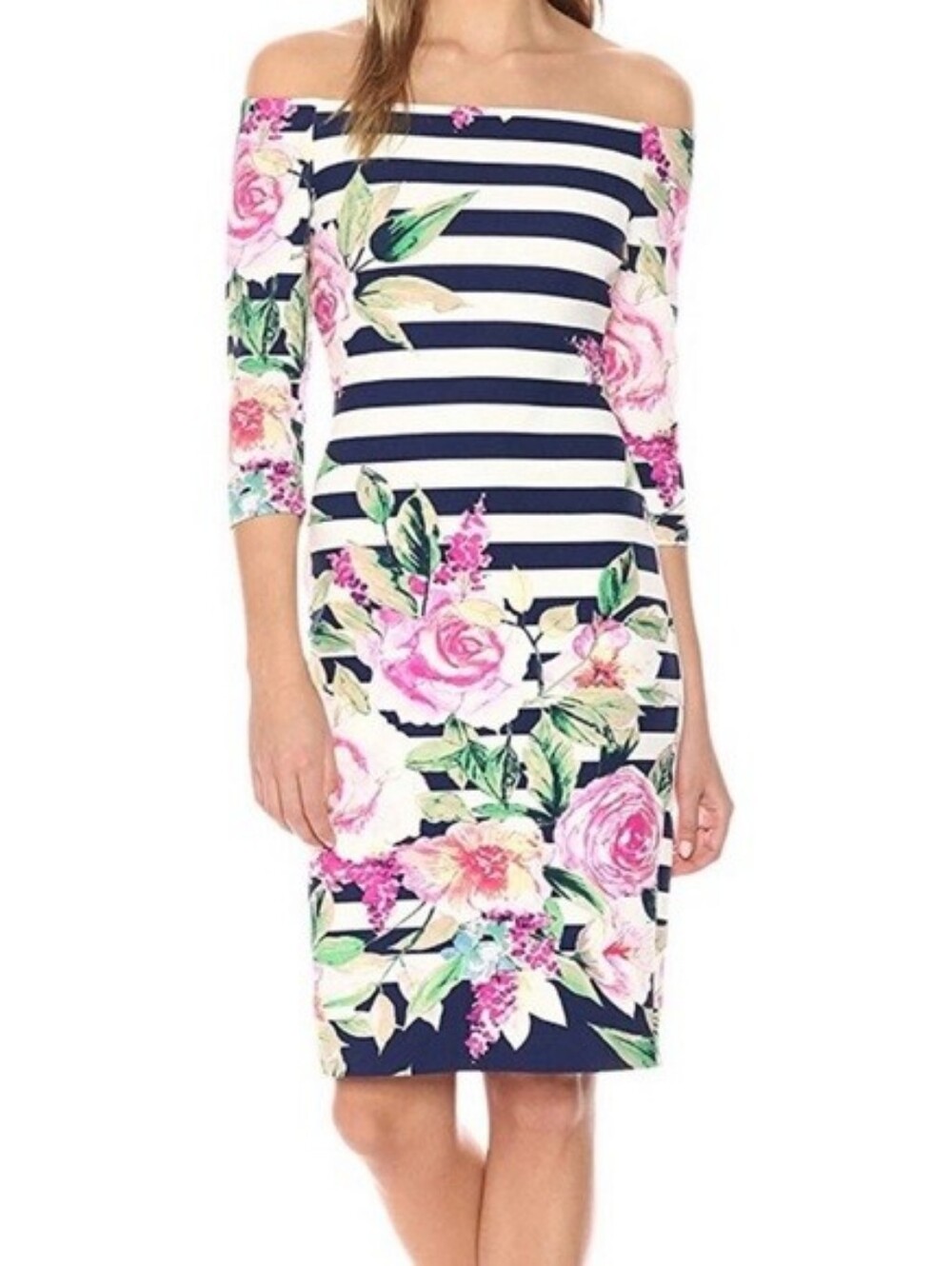 ELIZA J Off-The-Shoulder Navy Striped Pink Floral Sheath Dress | SZ 6